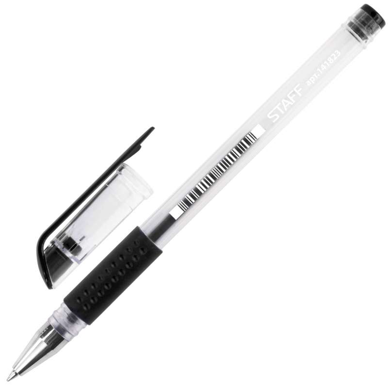 Ручка гелевая с грипом STAFF, ЧЕРНАЯ, корпус прозрачный, узел 0.5мм, линия письма 0.35 мм